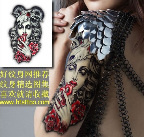 长着羊角的美女图案手稿及纹身实例羊角美女纹