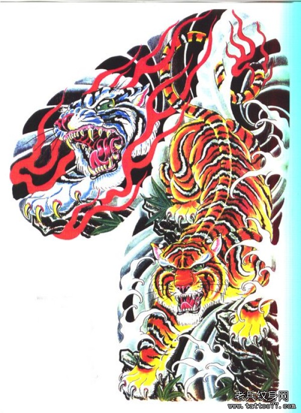 搜集的一款潮流很酷的半胛老虎纹身手稿图案图