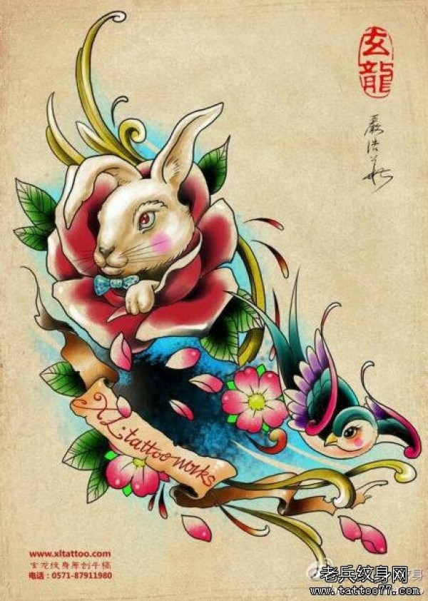 一款可爱经典的小兔子与小燕子纹身手稿