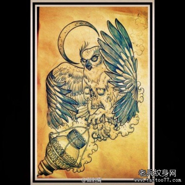 很帅时尚的一款猫头鹰纹身手稿