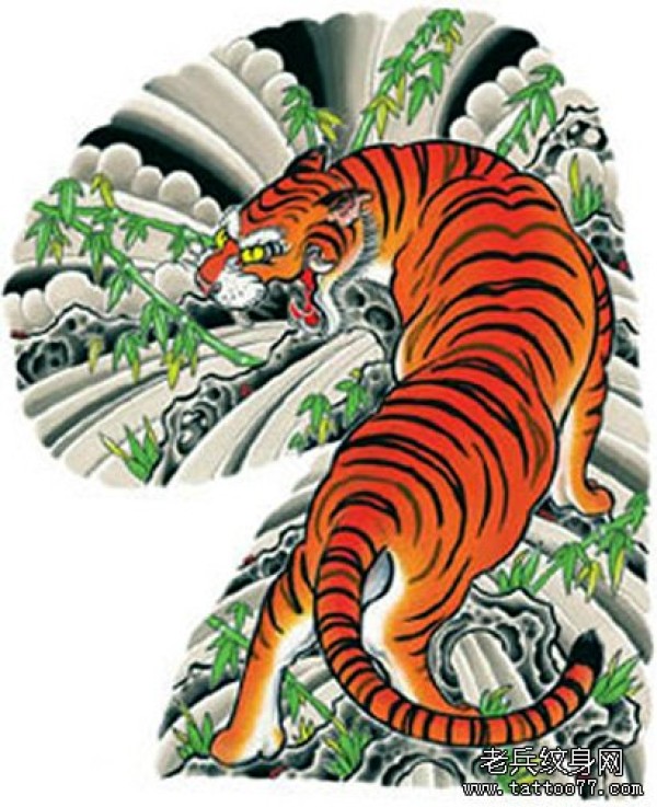 日式老传统经典的传统半胛上山虎纹身手稿图案