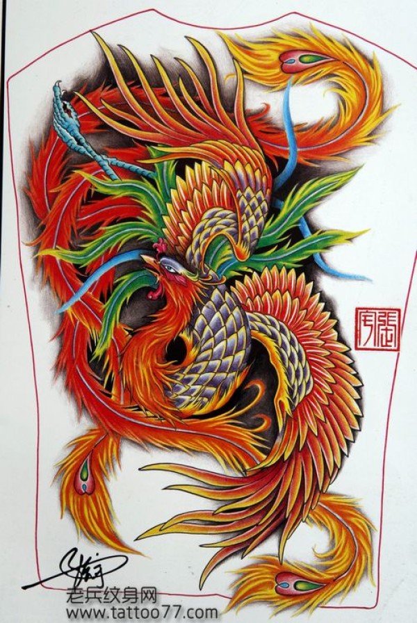 满背彩色凤凰纹身手稿