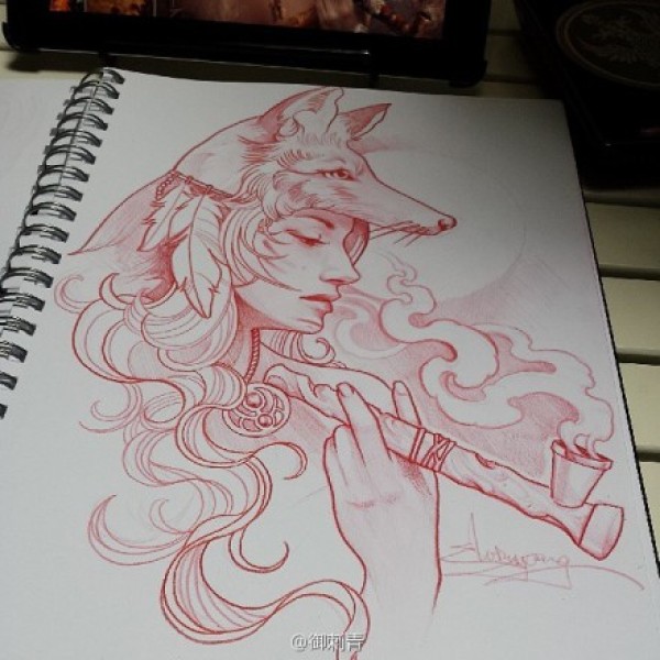 潮流漂亮的一款部落美女纹身手稿