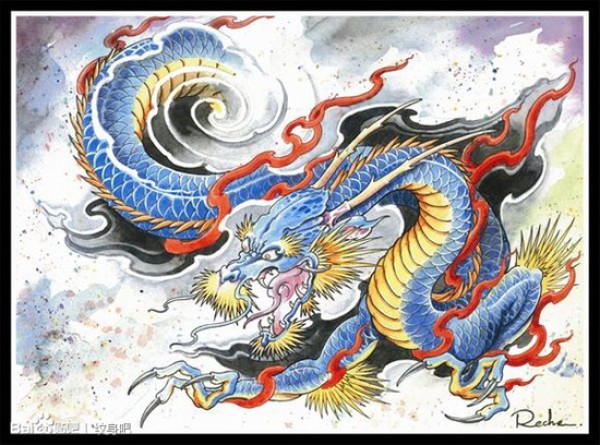 潮流时尚的传统龙纹身手稿