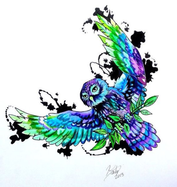 潮流很帅的一款彩色猫头鹰纹身手稿