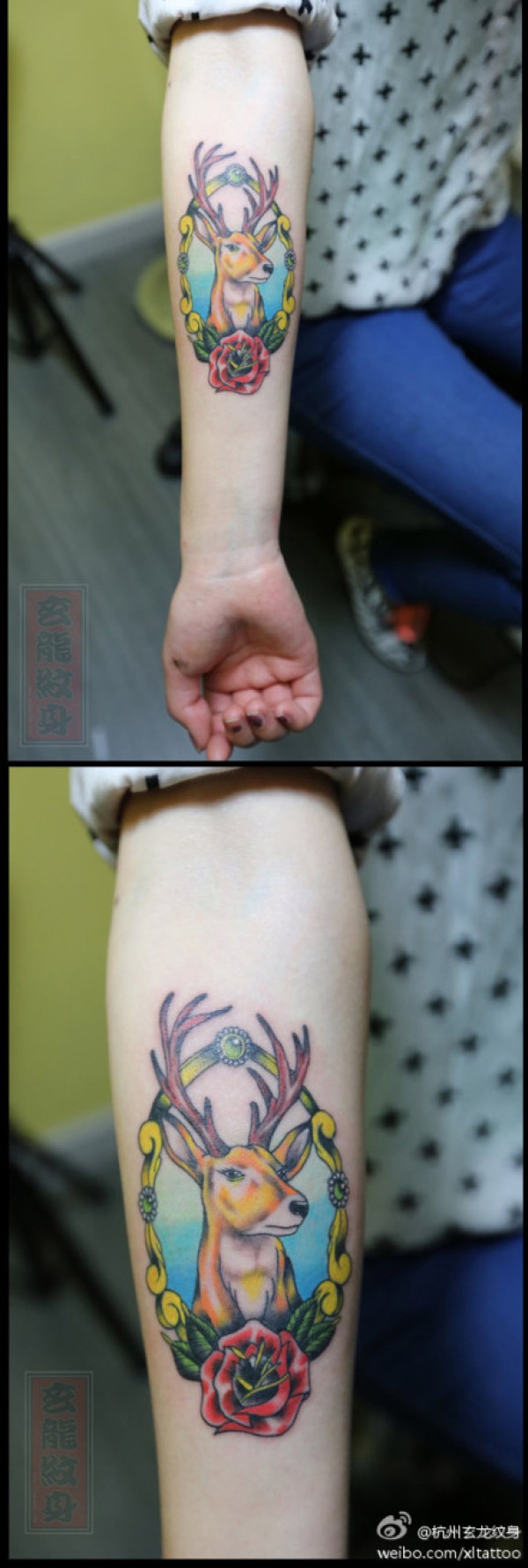 女生手臂潮流精美的小鹿纹身图案