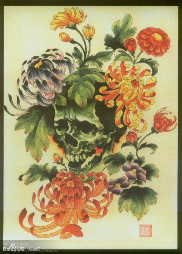 潮流漂亮的一款骷髅与菊花纹身手稿