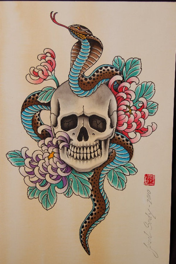 帅气潮流的欧美骷髅与蛇纹身手稿