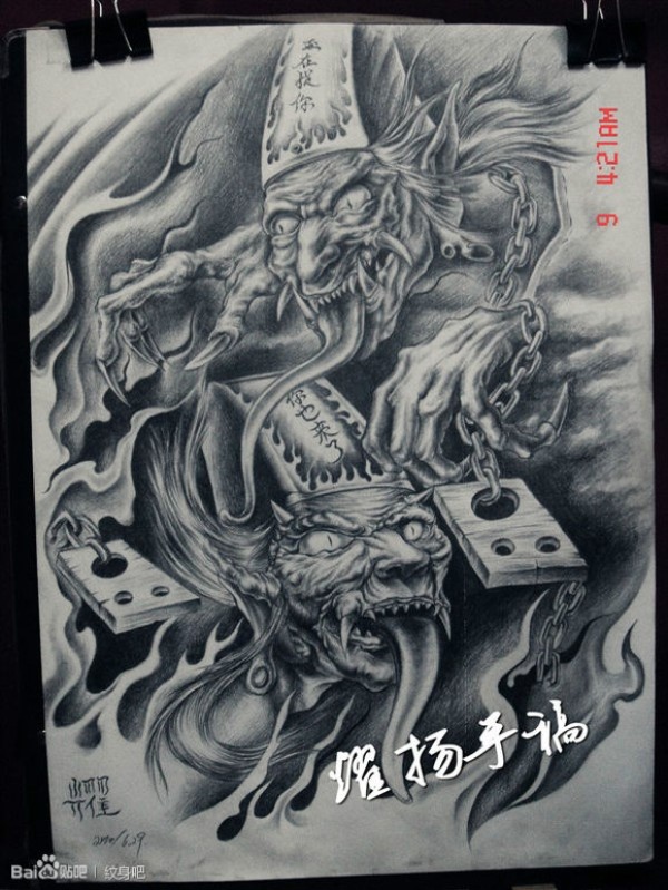 一款经典帅气的满背黑白无常纹身手稿