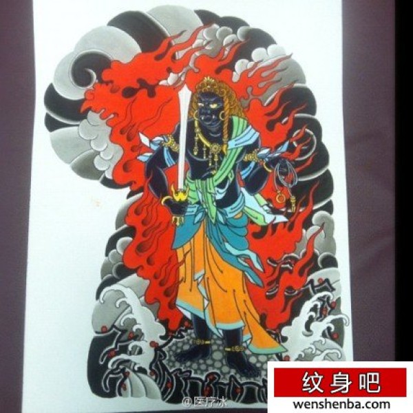 超帅的彩色不动明王纹身手稿