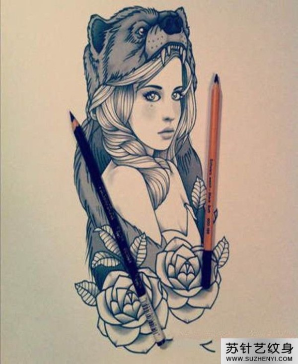 性感美女与花插画纹身手稿