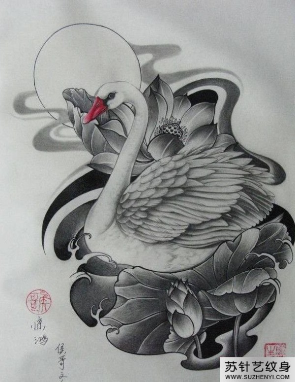 最新时尚天鹅荷花纹身手稿
