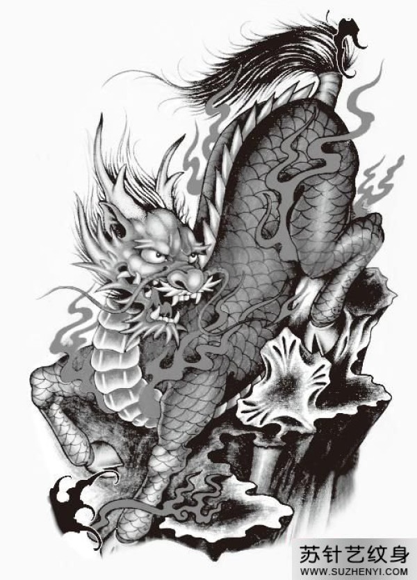 霸气的麒麟黑白纹身手稿