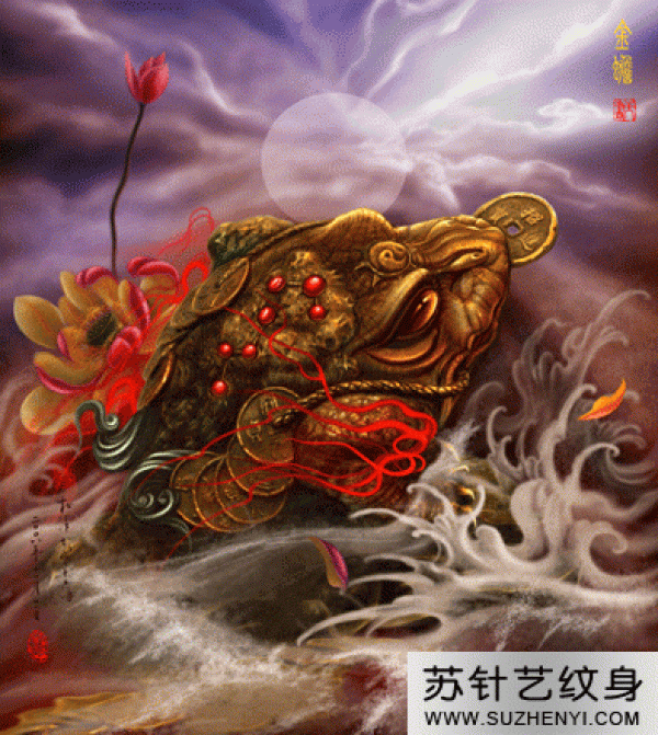 彩色蟾蜍与莲花纹身手稿
