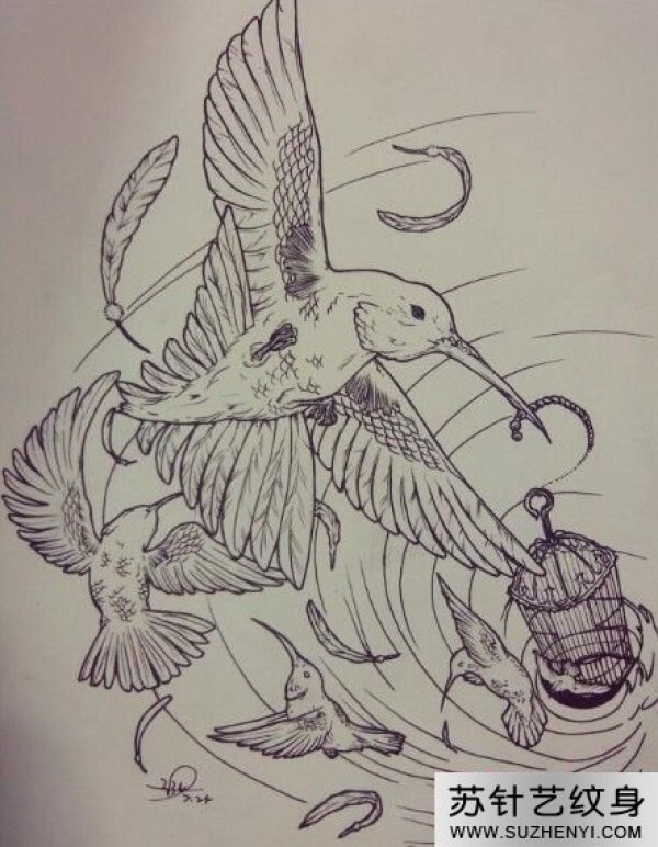 创意个性的破笼而出小鸟纹身手稿