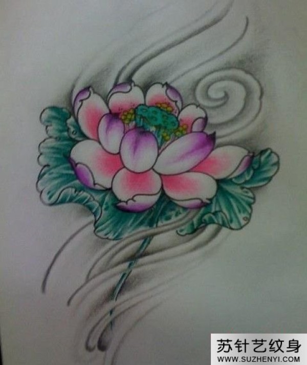 彩色连花莲叶纹身手稿