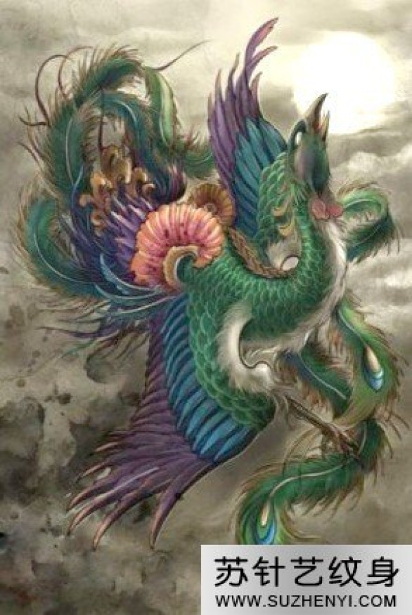 唯美时尚彩色凤凰纹身手稿