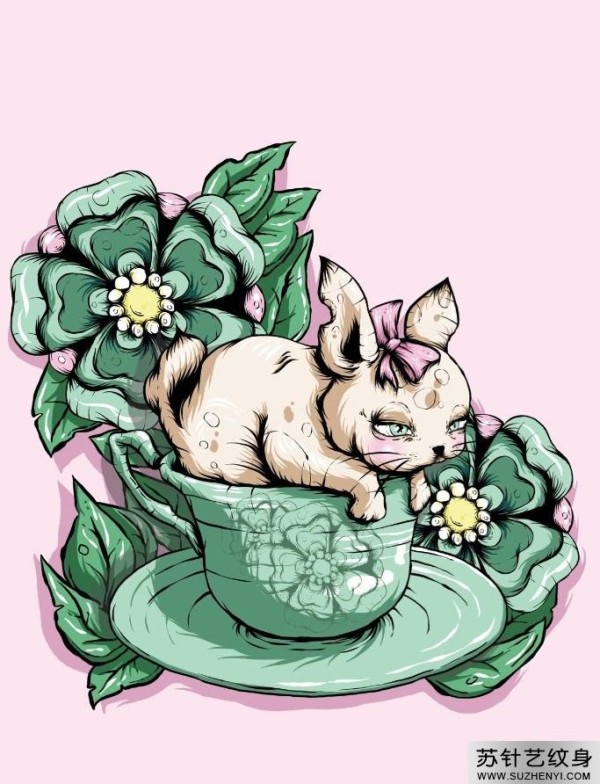 茶杯上粉色猫咪和花纹身手稿