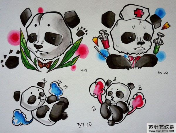 忧桑怪异的熊猫纹身手稿