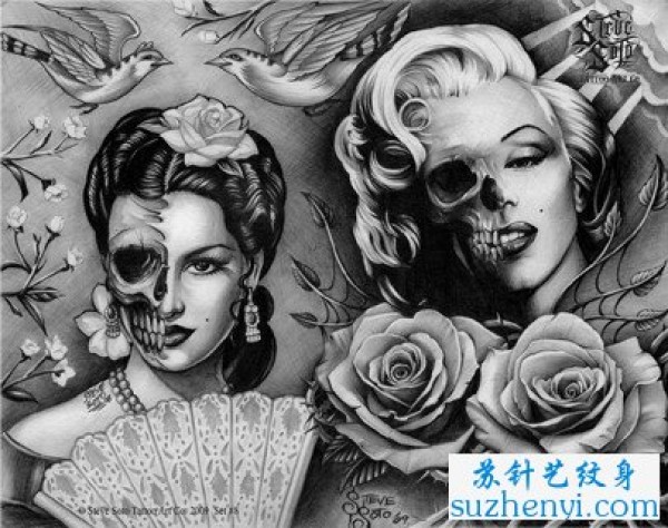 骷髅玫瑰纹身图案手稿