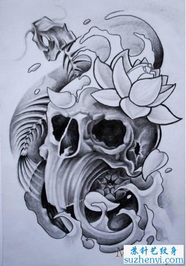 骷髅莲花纹身图案手稿