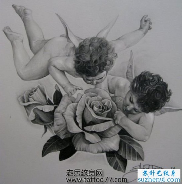 小天使丘比特玫瑰花纹身图案手稿