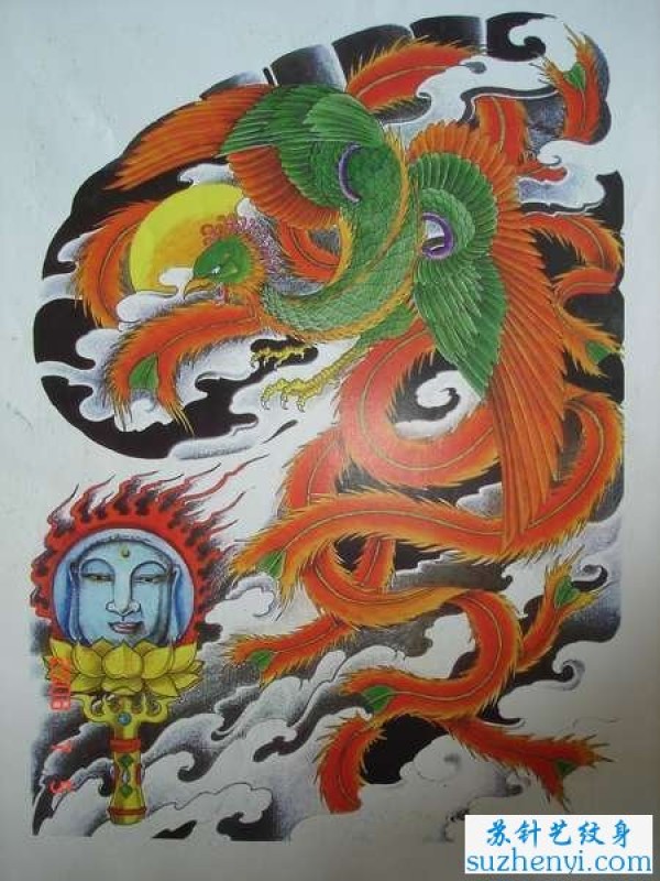 彩色凤凰半胛纹身手稿图
