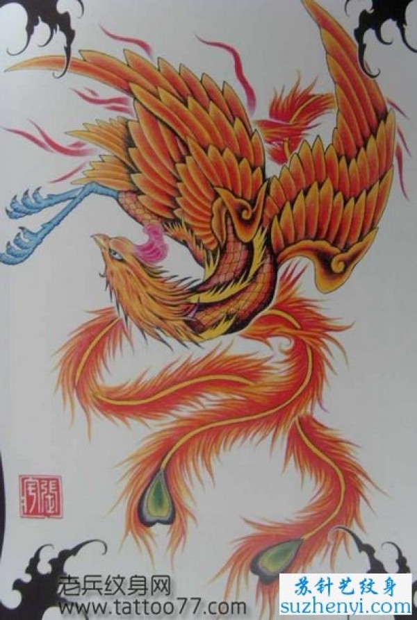 满背彩色凤凰纹身手稿