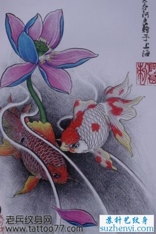 彩色金鱼莲花纹身手稿