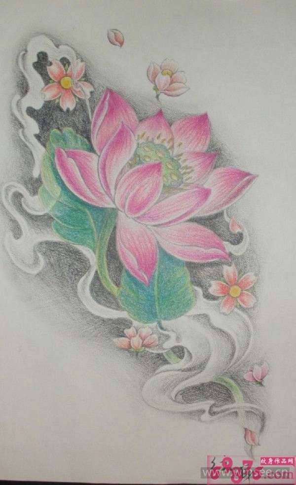 美丽荷花纹身手稿