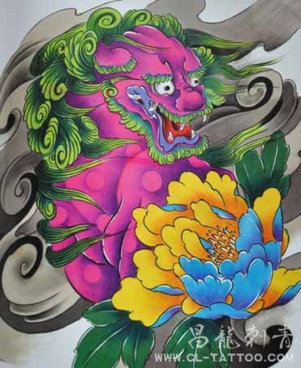 唐狮牡丹纹身手稿图_神兽动物