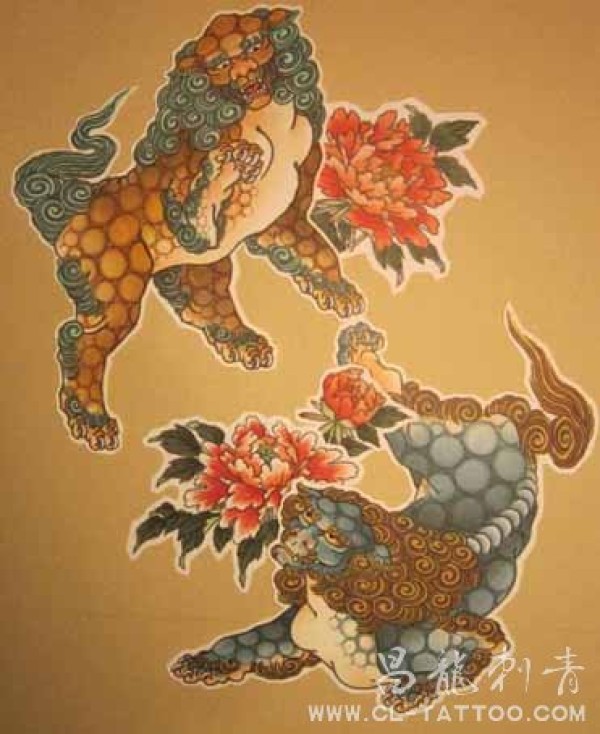 福州唐狮纹身唐狮子纹身图富贵唐狮牡丹纹身