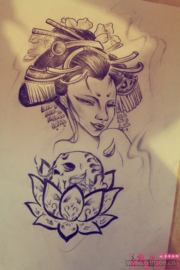 艺妓美女莲花骷髅纹身手稿