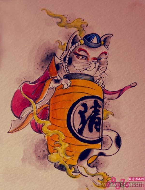 灯笼猫咪纹身手稿