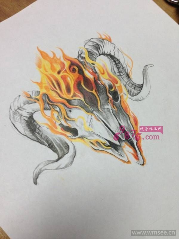 火焰羊角纹身手稿