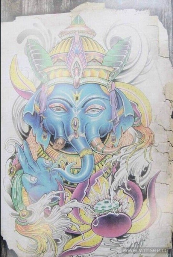 个性的彩色象神纹身手稿图案
