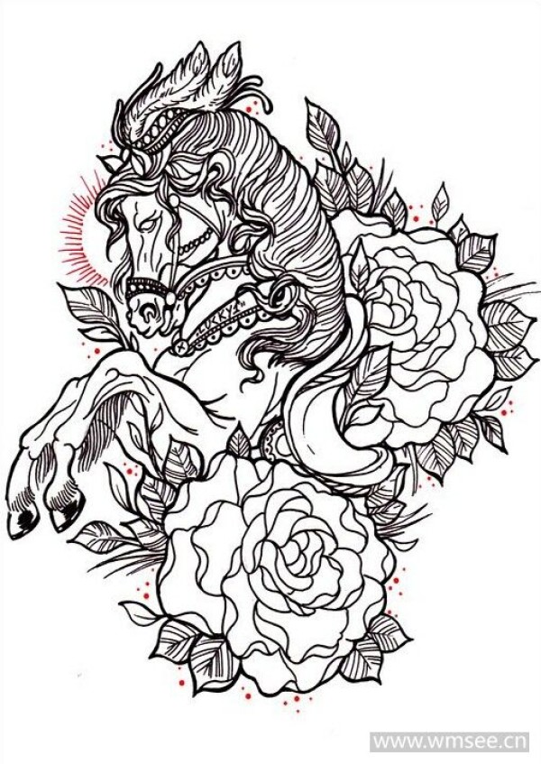线条马玫瑰纹身手稿图案