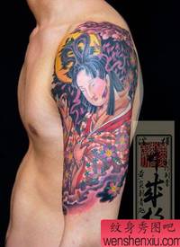 手臂彩色日本美女艺妓纹身图案