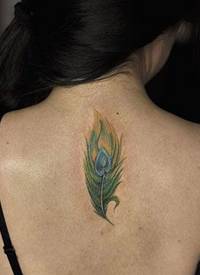 女生喜欢的背部彩色孔雀羽毛纹身图案