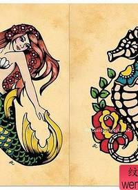 美人鱼海马纹身手稿图案