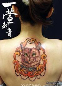 女生背部一款猫咪纹身图案