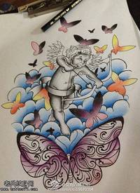 彩色天使蝴蝶纹身手稿图案