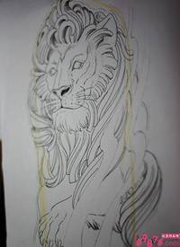雕塑风格的狮子纹身手稿图片