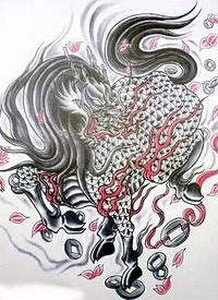 分享一款神兽火麒麟纹身手稿图案