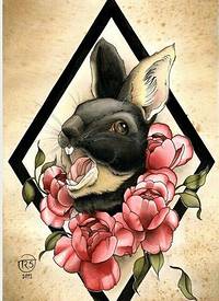 漂亮兔子玫瑰纹身手稿图案
