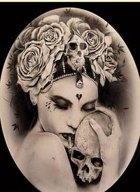 时尚漂亮女郎玫瑰骷髅纹身手稿图案