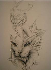 时尚好看的黑灰猫咪纹身手稿图案