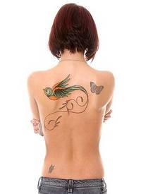 性感女生背部精美好看的飞鸟纹身图案