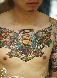 超大斗彩海上水手大花纹身图案