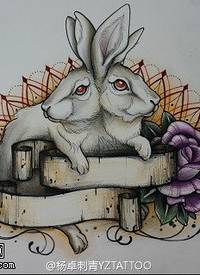 彩色双头兔子玫瑰纹身手稿图片